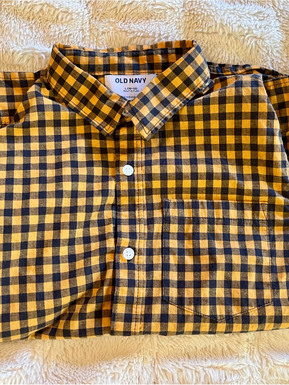 Old Navy Yellow Gold & Navy Blue Gingham Button-Down Shirt Boys Large (10-12)